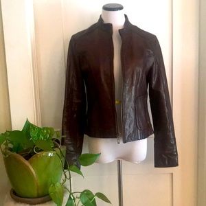 Brown leather motorcycle jacket